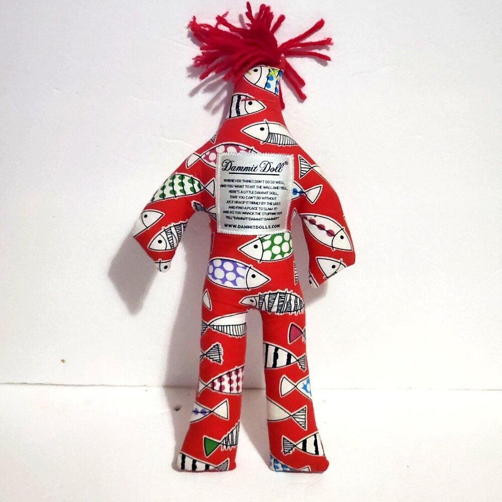 Dammit Doll Red Multicolor Fish Print Stress Relief Voodoo Doll 13"